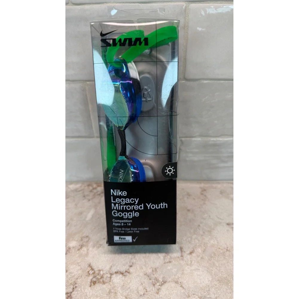 Nike Legacy Mirrored Youth Goggles Competition Swim Green Blue NESSD165-710 NEW